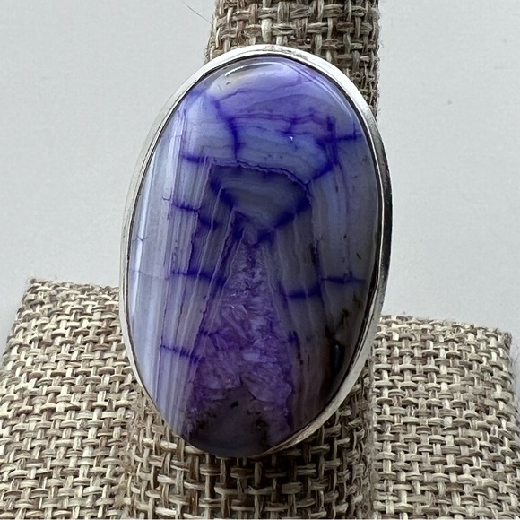New Purple Enhanced Botswana Agate Dragon Vein Silver Overlay Ring Size 8 - Picture 3 of 9